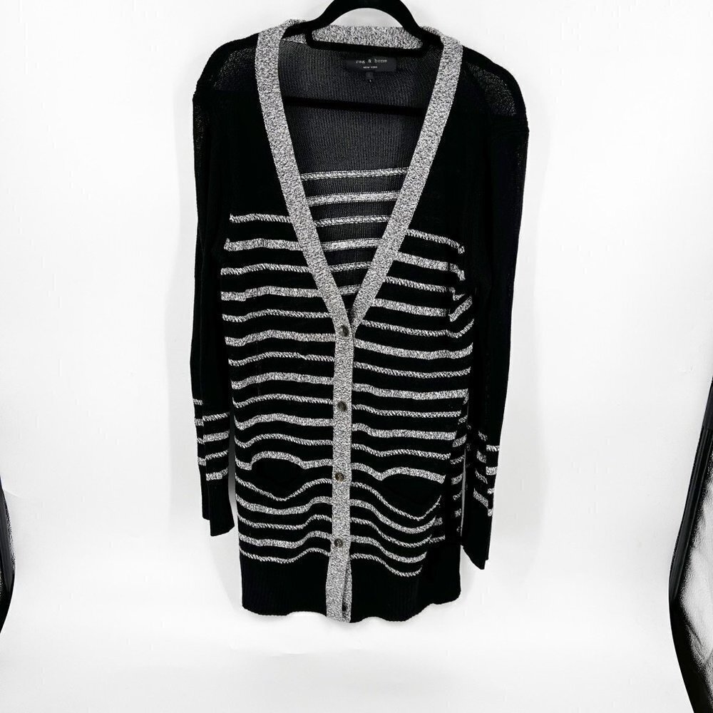 ✅ Rag & Bone Black & CREAM Long Striped COTTON Cardigan Duster SIZE LARGE